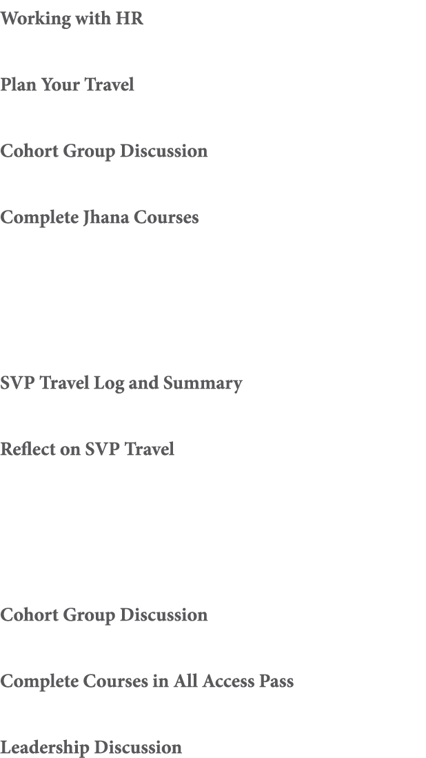 Working with HR Plan Your Travel Cohort Group Discussion Complete Jhana Courses   SVP Travel Log and Summary Reflect    