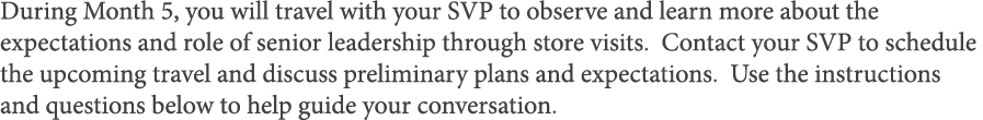 During Month 5, you will travel with your SVP to observe and learn more about the expectations and role of senior lea   